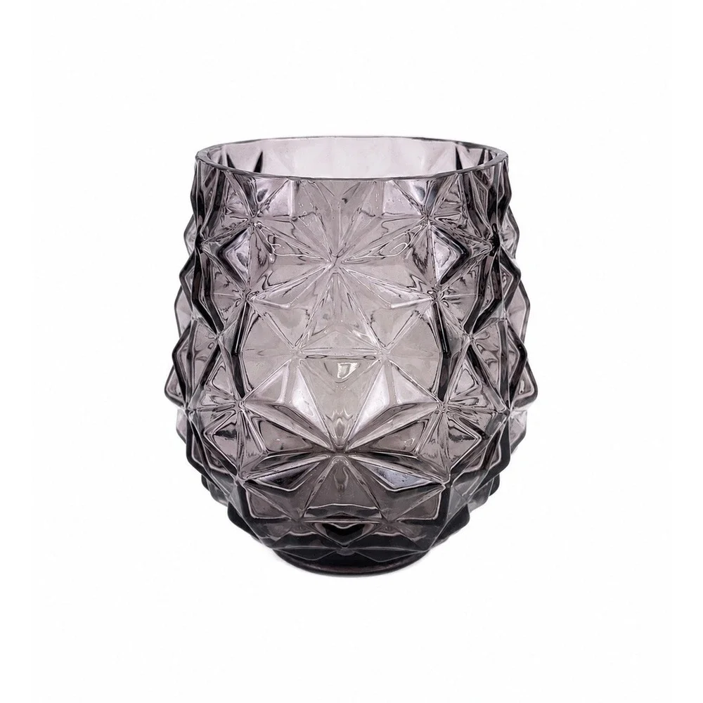 Vintage Smoky Amethyst Faceted Glass Candle Holder Diamond Cut Geometric 6